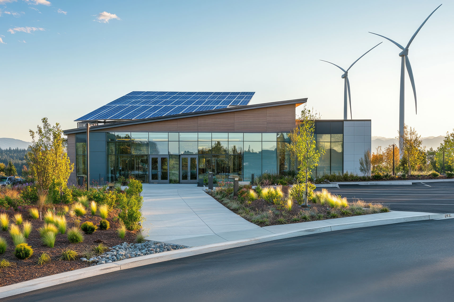 Public building with photovoltaic panel and wind turbine - Greenea - ppa energie - ppa photovoltaique - ppa électricité -contrat ppa